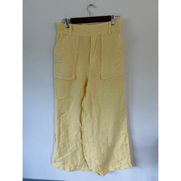 YFB yellow pants women size L butter yellow linen blend pull on wide leg cropped - Picture 1 of 8